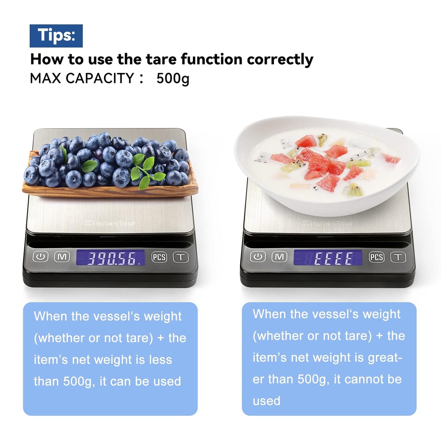 KitchenTour Digital Kitchen Gram Scale - 500g/0.01g - High Accuracy Precision Food Scale - Meat Scale with Back-Lit LCD Display(Batteries Included)-Black