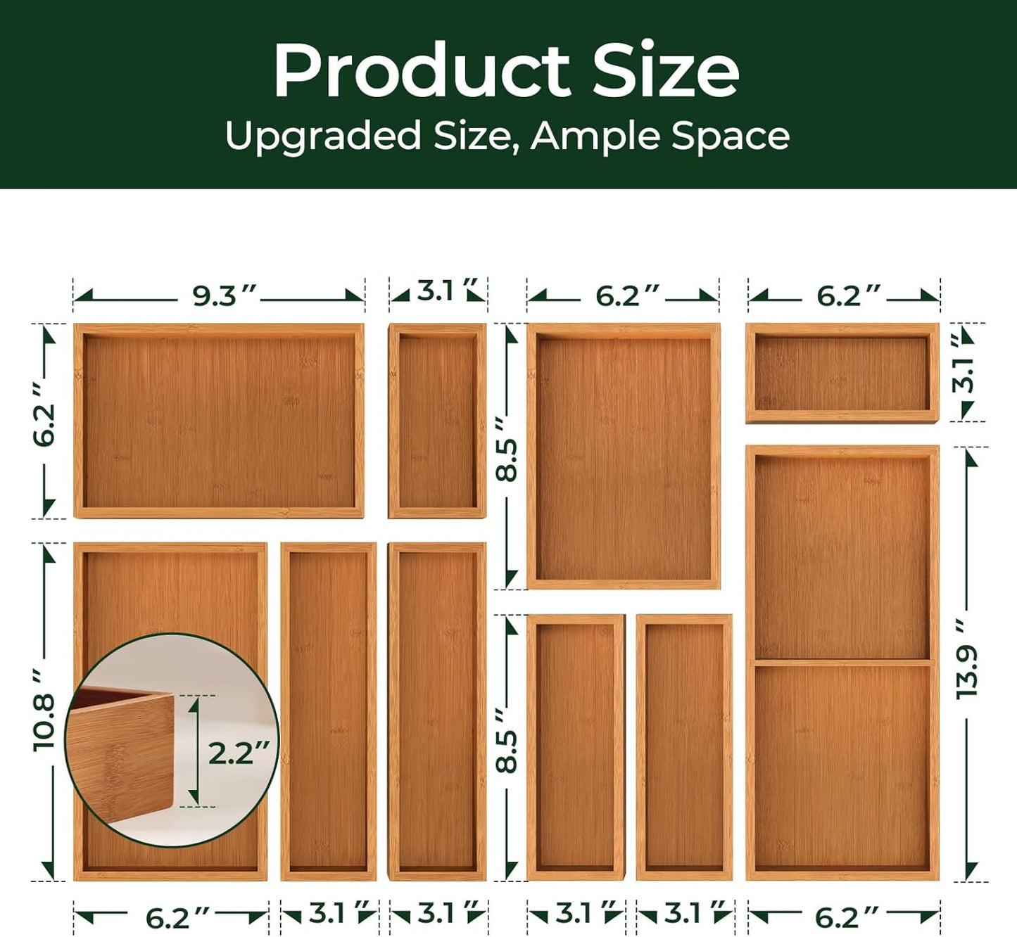 keechee Carbonized Bamboo Kitchen Drawer Organizer, 10 Slots Expandable Silverware Organizer, Utensil Holder & Cutlery Tray, 2.2" Deep for Extra Capacity, Non-Slip Feet Included