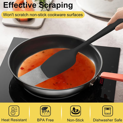4 Pcs Silicone Spoon Spatula Set, 11.4 In, Food Grade Rubber Spatulas for Cooking, Baking, Mixing, 600°F Heat Resistant, Nonstick and Flexible Kitchen Utensils, Seamless Spoonula (Black)
