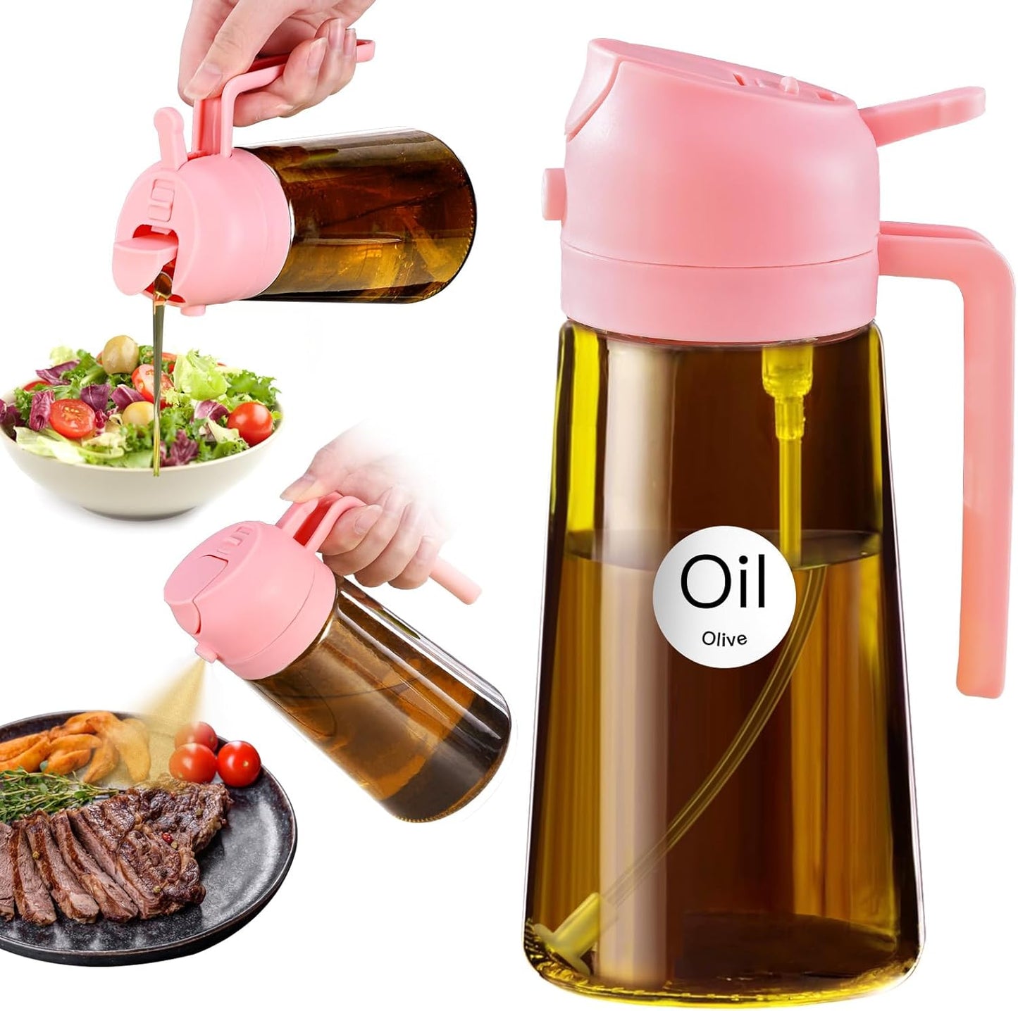 YARRAMATE 2Pcs 16oz/470ml Dark Brown Oil Sprayer for Cooking with Stickers, Food-grade Premium 2 in 1 Olive Oil Dispenser Bottle for Kitchen Gadgets, Air Fryer, Salad, Frying, BBQ (Black&OliveGreen)