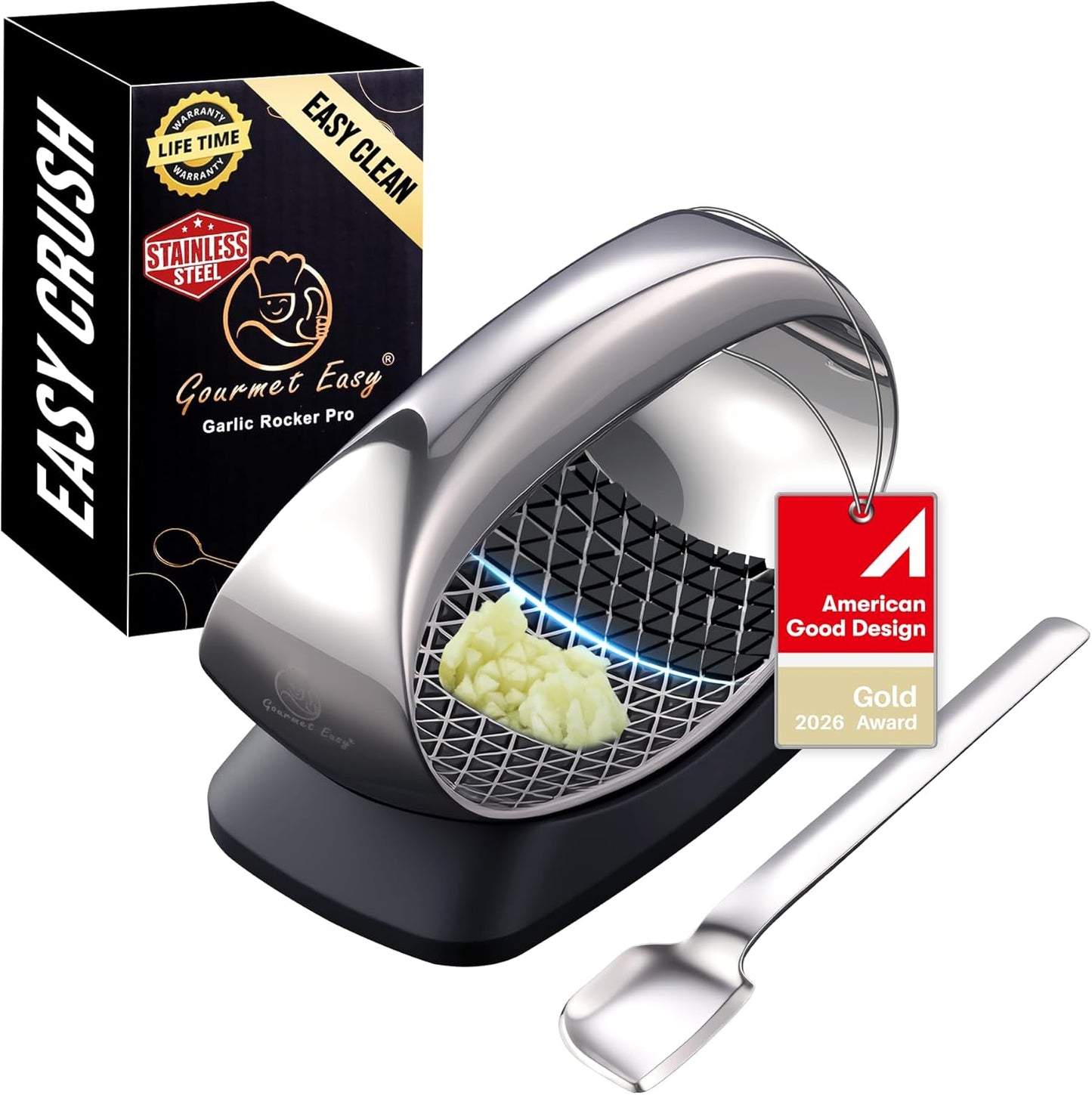 Full Stainless Steel Garlic Press Rocker with Eject Base + Scraper Spoon, Innovative 3D Cutting, Easy Crush & Clean Garlic Mincer, Premium Garlic Peeler Tool with Ergonomic Grip, 5-Year Warranty