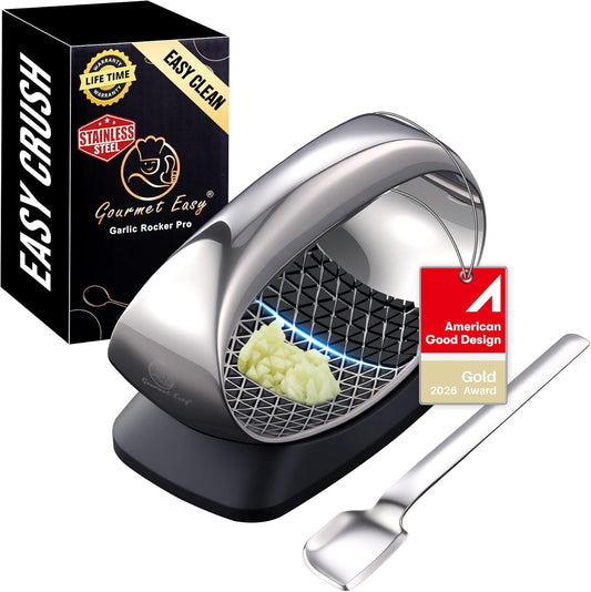 Full Stainless Steel Garlic Press Rocker with Eject Base + Scraper Spoon, Innovative 3D Cutting, Easy Crush & Clean Garlic Mincer, Premium Garlic Peeler Tool with Ergonomic Grip, 5-Year Warranty