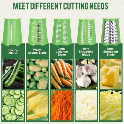 Rotary Cheese Grater with 5 Well-designed Blades & Strong Suction Base, Kitchen Mandoline Vegetable Slicer with Blade Storage Box (GREEN)