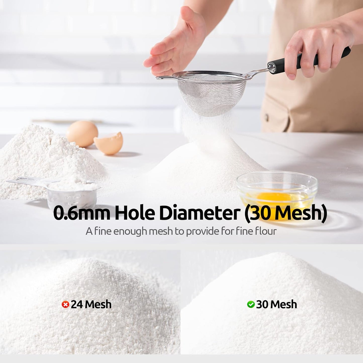 18/8 Stainless Steel Mesh Strainer: U-Taste 5.5 Inch Kitchen Fine Mesh Sieve Food Colander with Riveted Sturdy Silicone Handle and 30 Mesh Hole for Straining Flour, Pasta, Fruit, Quinoa(Aqua Sky)