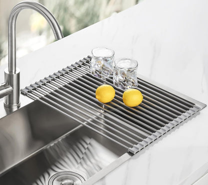 Tomorotec 17.7" x 15.5" Roll Up Dish Drying Rack Over Sink Drying Rack Sink Cover Kitchen Sink Accessories Gadget Multipurpose Organizer Foldable Stainless Steel Drainer
