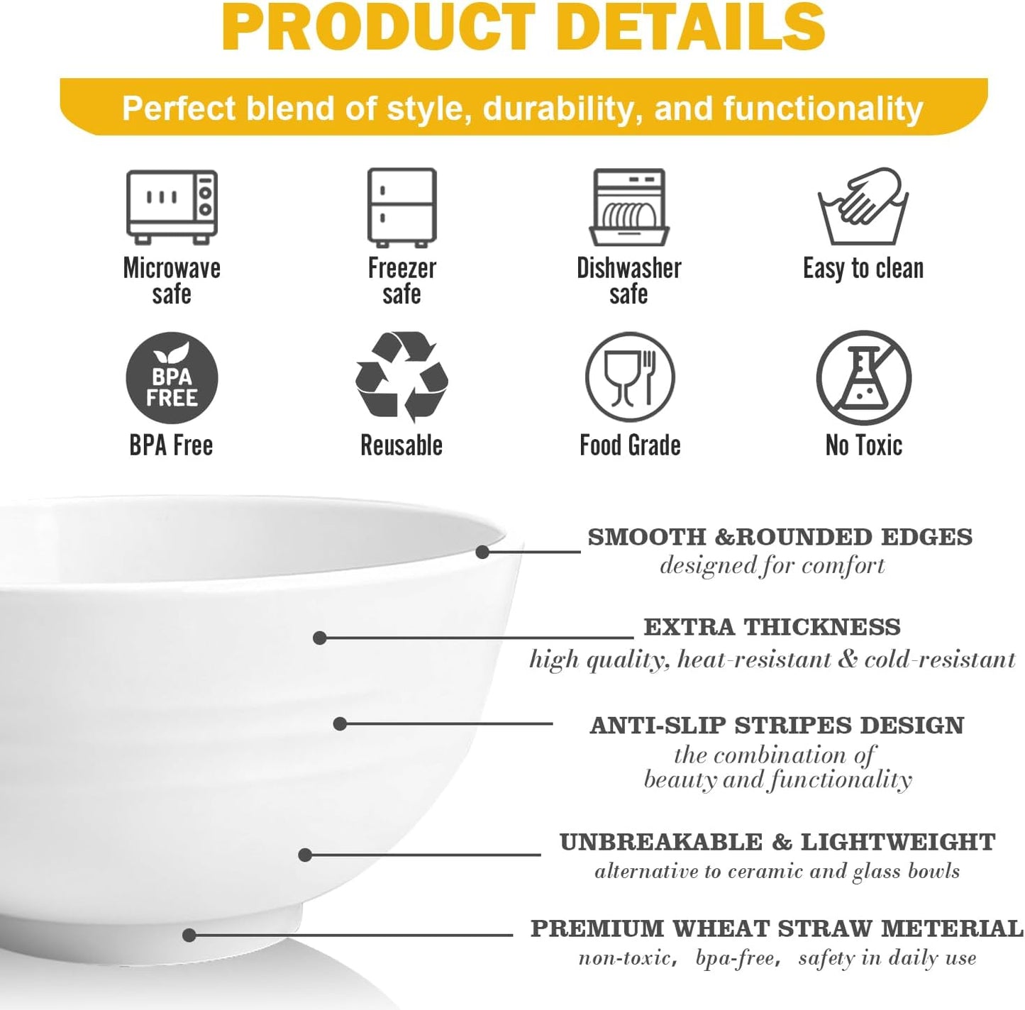 Wheat Straw Bowls Set with Lids, Unbreakable 40 OZ Cereal Bowls Set of 4, Salad Container for Lunch, Microwave & Dishwasher Safe Bowl Set for Kitchen, Picnic, RV, Camping, Multi