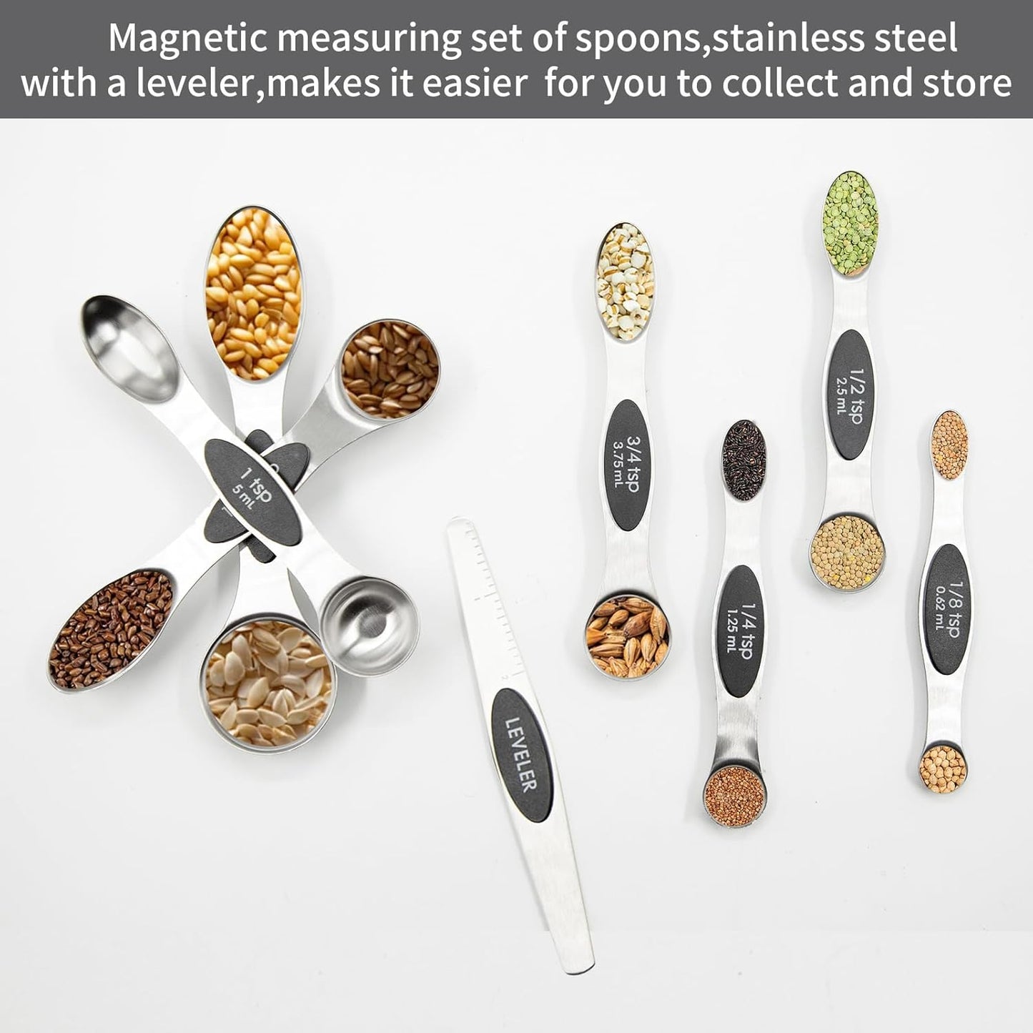 Magnetic Measuring Spoons Set of 8, Stainless Steel Double End Stackable Teaspoon for Cooking and Baking, Tablespoon with Leveler for Measuring Dry and Liquid Ingredients, Multicolor