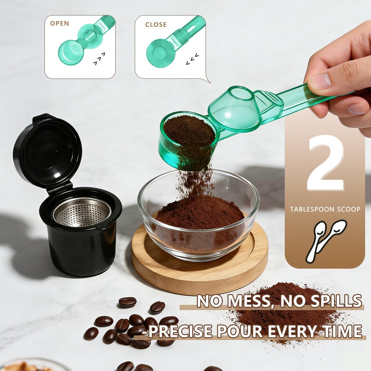 Credon Coffee Scoop with Funnel for Ground Coffee & Protein Powder – Coffee Bean Measuring Spoon, 2 Tablespoon Slide Scoop for Reusable K-Cup, Precision Spill-Proof (Black)