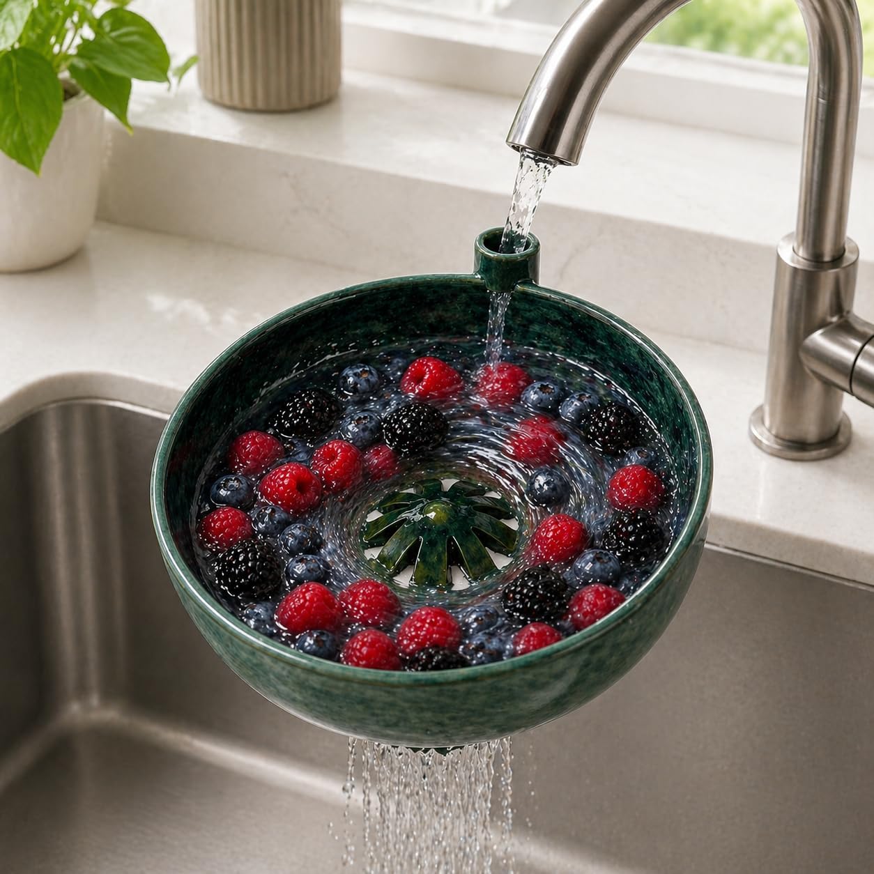 Self-Spinning Berry Washing Bowl – Automatic Fruit & Vegetable Washer, Quick Spin Basket for Berries, Grapes & Small Produce, Multipurpose Kitchen Colander