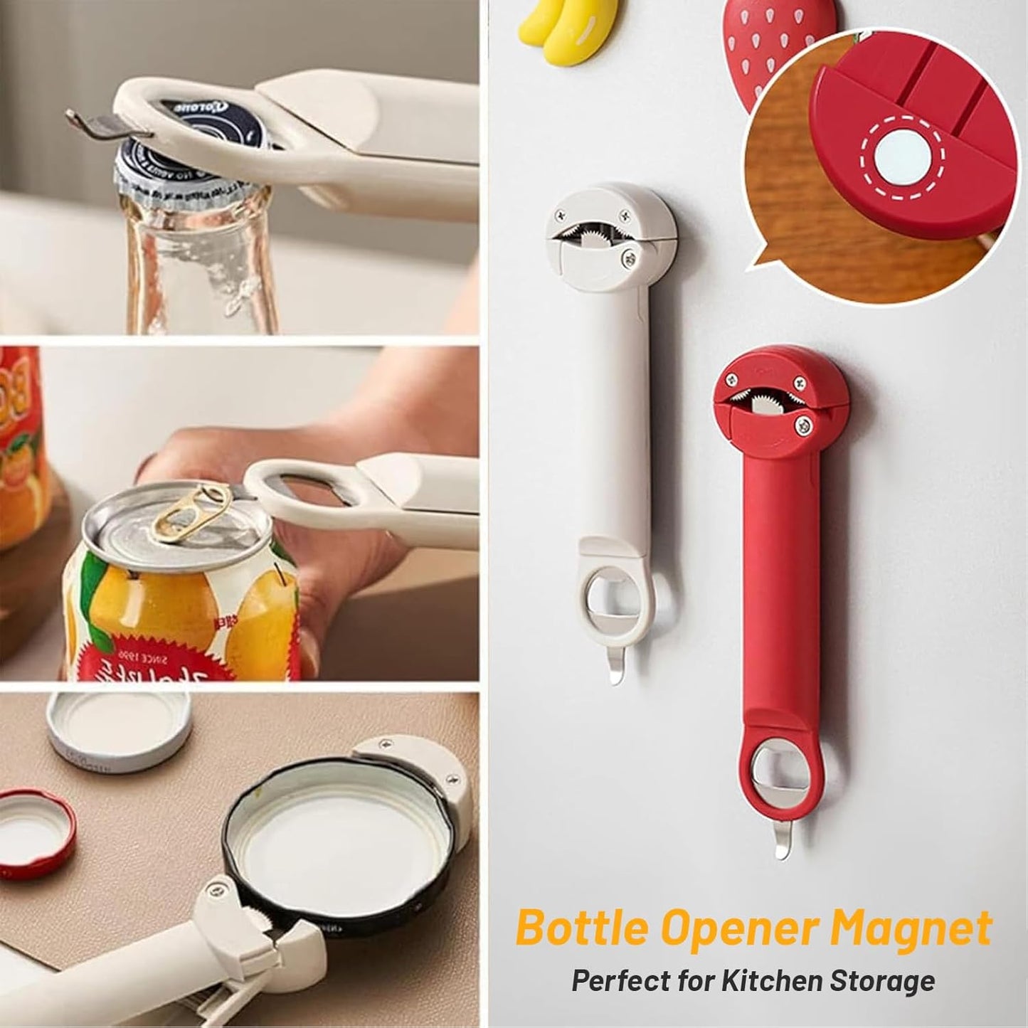 3 in 1 Jar Opener Bottle Opener Beer Soda Can Opener Manual, Adjustable Cap Screwer Jar Openers for Weak Hands Gifts for Seniors or Arthritis, Bottle Opener Magnet for Kitchen Storage (Beige)