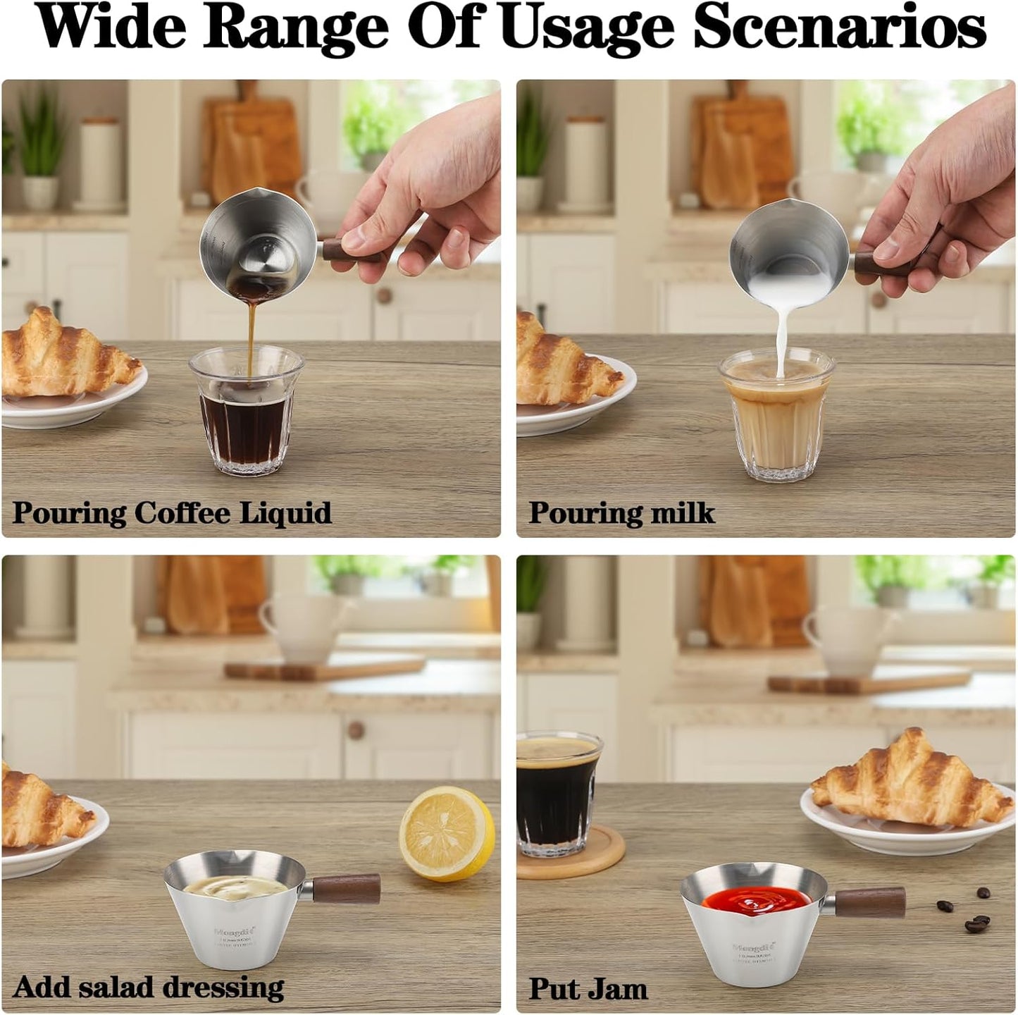 Mongdio Espresso Measuring Cup, Stainless Steel Espresso Shot Cups with Wooden Handle and Double Spouts, 6.8OZ/200ML, White