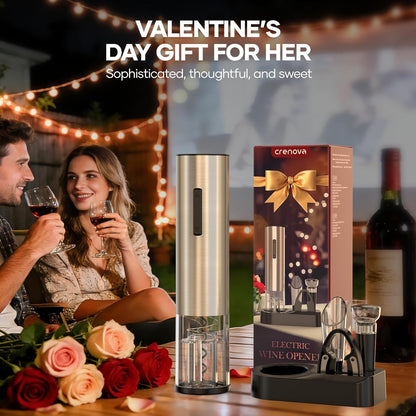 Crenova Electric Wine Opener, Rechargeable Wine Bottle Opener, Automatic Corkscrew with Vacuum Stopper, Aerator Pourer, Foil Cutter, Display Base, Gifts for Valentines Day New Home Wedding Birthday