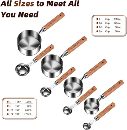 Wooden Handle Measuring Cups and Spoons Set 304 Stainless Steel Metric and US Measurements, Stackable Cups and Spoons, Fits for Measuring Dry and Liquid Ingredients