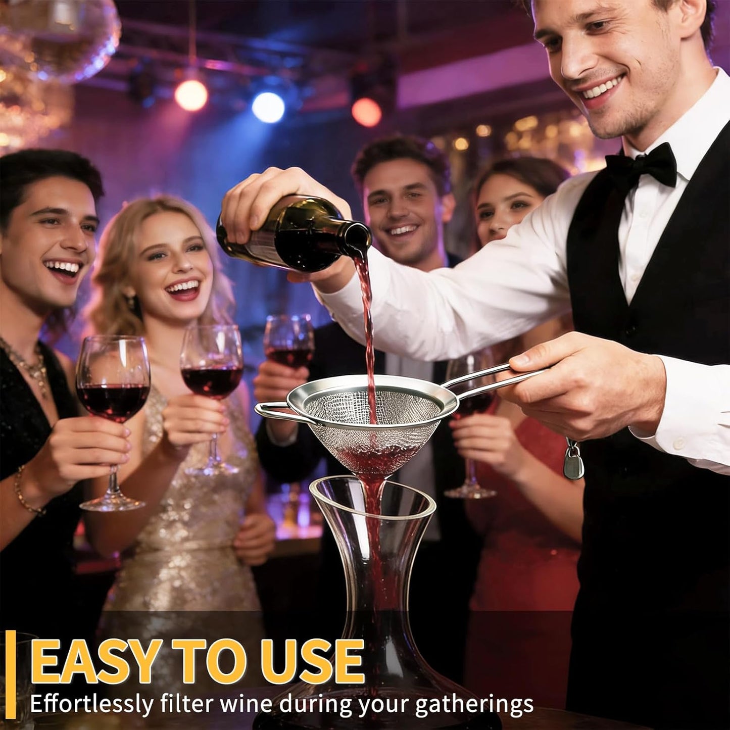 Wine Strainer for Sediment, Fine Mesh Strainer for Kitchen, Made of 304 Stainless Steel, for Smoother Taste, No-Rust, Cone Shape with Rest and Long Handle, Ideal for Wine Decanter, Silver