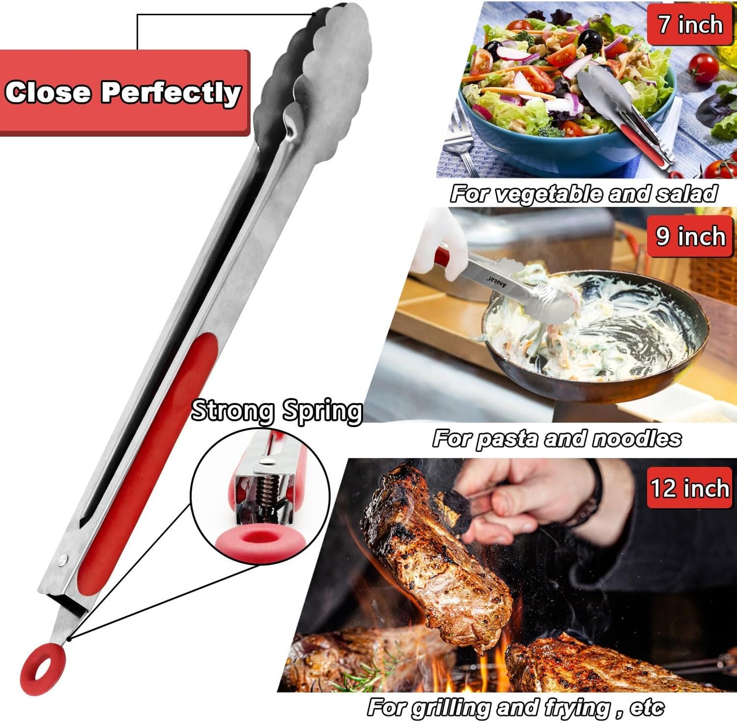 Anaeat Non-Stick Silicone Locking Tong Set of 3 - Stainless Steel 7", 9", 12" Kitchen Food Tongs with Non-Slip Silicone Tips and Grip for Cooking, Baking and BBQ - Heat Resistant up to 480°F (Black)