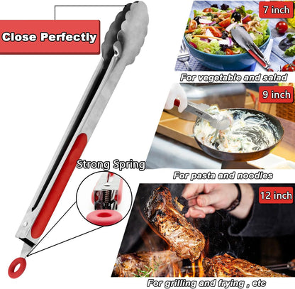 Anaeat Non-Stick Silicone Locking Tong Set of 3 - Stainless Steel 7", 9", 12" Kitchen Food Tongs with Non-Slip Silicone Tips and Grip for Cooking, Baking and BBQ - Heat Resistant up to 480°F (Black)