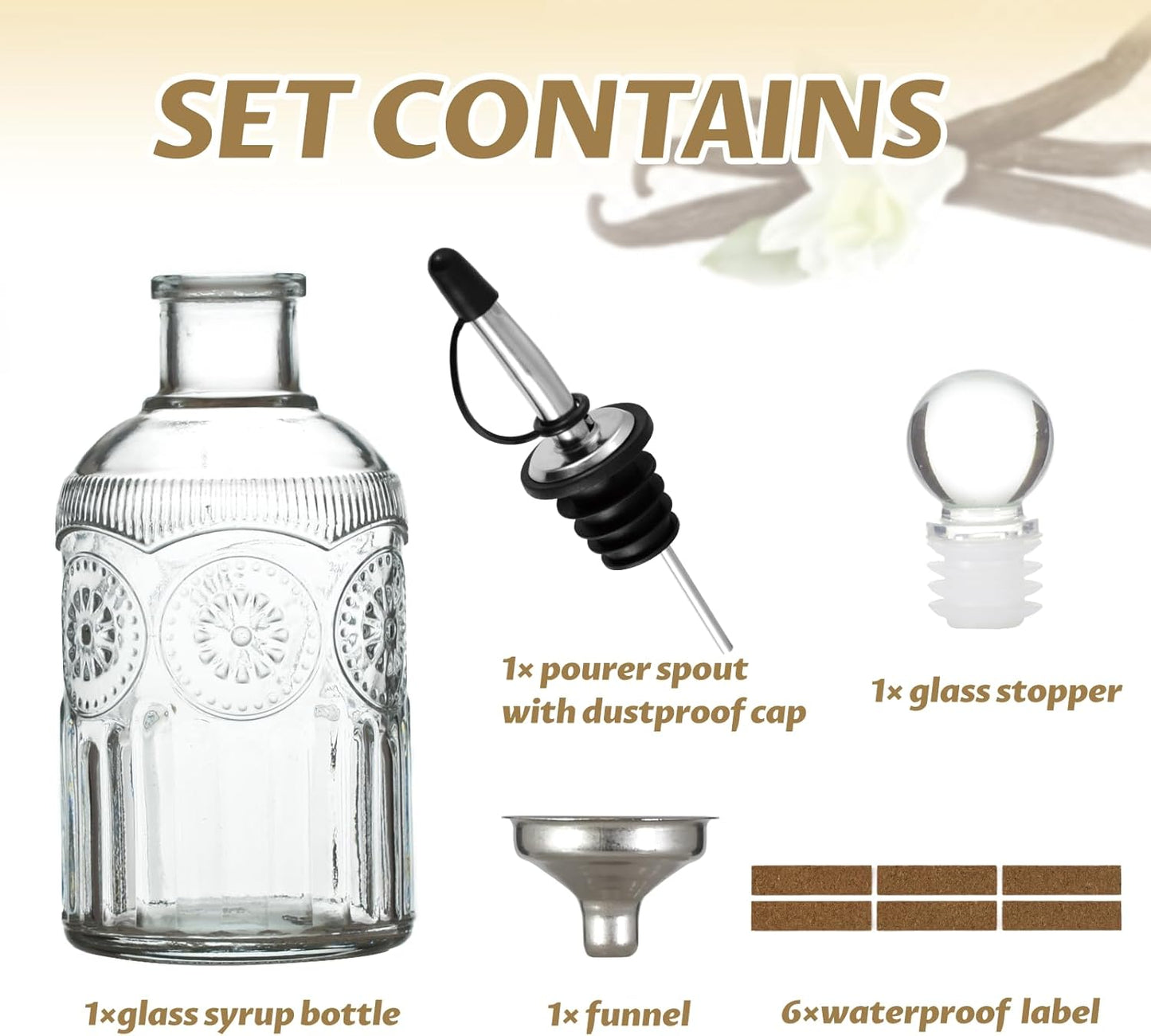 Retro Glass Syrup Dispenser Bottle 7oz, Oil and Vinegar Cruet with Stainless Steel Pour Spout, Labels, Funnel & Stopper(Sunflower)
