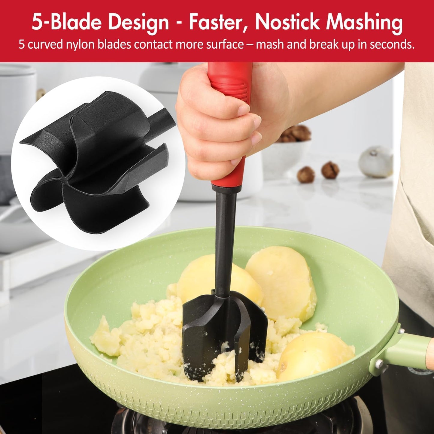 Ourokhome Meat Chopper and Potato Masher, Heat Resistant Nylon Ground Beef Smasher for Hamburger, 5 Curved Blades Nonstick Mixer & Stirrer, Practical Kitchen Gadgets, Black