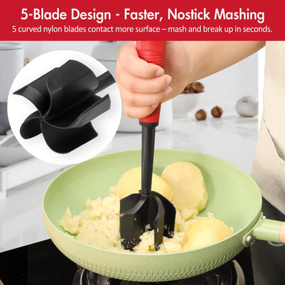 Ourokhome Meat Chopper and Potato Masher, Heat Resistant Nylon Ground Beef Smasher for Hamburger, 5 Curved Blades Nonstick Mixer & Stirrer, Practical Kitchen Gadgets, Black