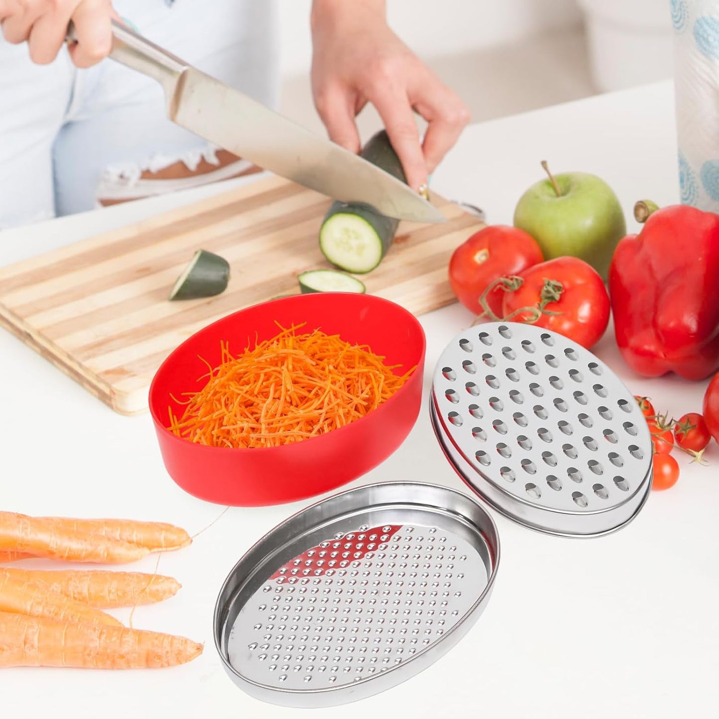 Stainless Steel Cheese Grater with Airtight Storage Container Vegetable Slicer Potato Shredder Box Grater for Kitchen Tool for Cheeses Carrots Ginger, with a Brush, Red