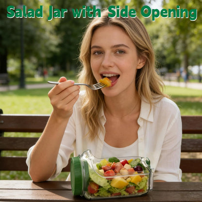 FNHMSL Side-Opening Mason Salad Jar, Portable (35 oZ) 1000ml Salad Container with Leakproof Dressing Cup, Includes Spoon and Cleaning Brush, Perfect for Meal Prep, Gym, Office, Picnic and Travel