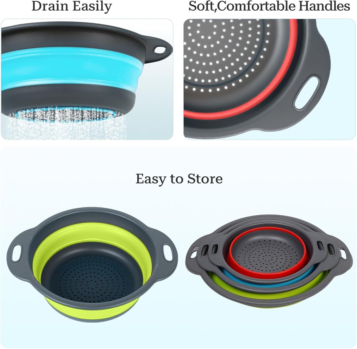Collapsible Colander 3-Pack Set Space-Saving Foldable Kitchen Strainer with Non-Slip Base Durable Thickened PP+TPE Collapsible Strainers for Pasta, Vegetables, Fruits (Gray-White)