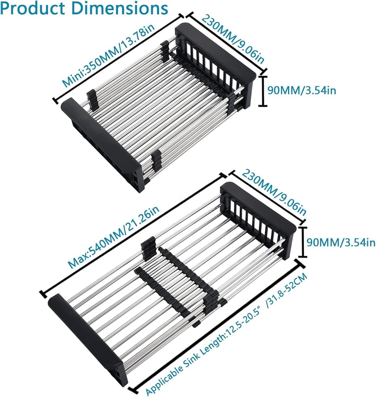 Over The Sink Dish Drying Rack, Stainless Steel Expandable Telescopic Drain Basket with Adjustable Arms - Functional Kitchen Sink Organizer for Dishes, Vegetables & Fruits (Large, Black)