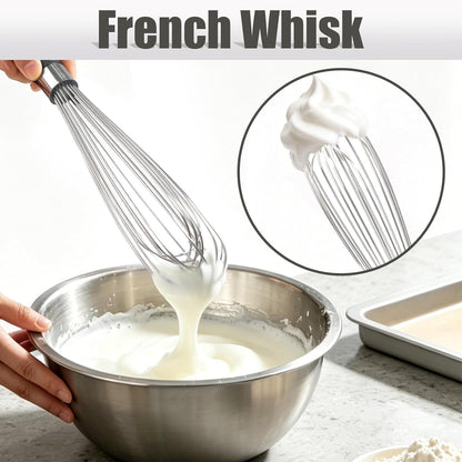Kamehame French Whisk Set, 9” and 11" Whisk, 304 Stainless Steel Wire Whisk Set for Cooking, Baking
