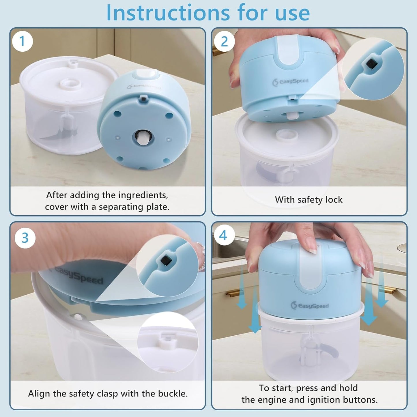 EASYSPEED Electric Garlic Chopper 1Cup, Mini USB Charging Wireless Food Processor with 304 Stainless Steel, 3 Sharp Blades, Portable Kitchen Meat Grinder for Onion, Garlic, Ginger, Chili