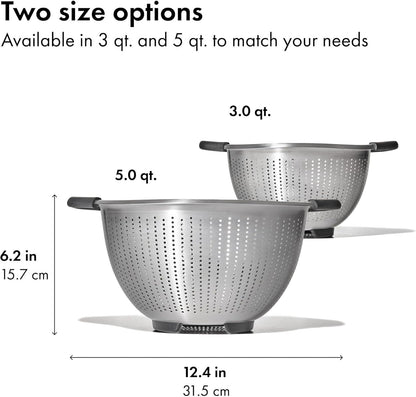 OXO Good Grips Stainless Steel Colander, 5 qt. Capacity, Strainer with Non-Slip Handles, Kitchen Colander for Pasta and Vegetables, Nesting Stainless Steel Strainer and Sieve