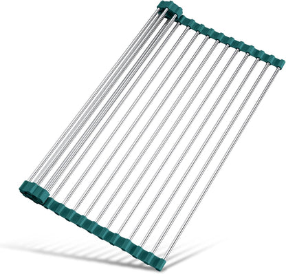 Tomorotec 17.7" x 15.5" Roll Up Dish Drying Rack Over Sink Drying Rack Sink Cover Kitchen Sink Accessories Gadget Multipurpose Organizer Foldable Stainless Steel Drainer