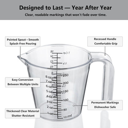 Laser-Etched Measuring Cup Set, 8 oz & 16 oz Clear Plastic Liquid Measuring Cups, Permanent oz/cup/Tbsp/mL Markings, Food-Grade for Baking & Cooking