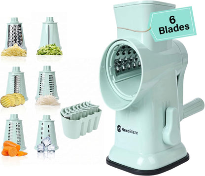 6 in 1 Rotary Cheese Grater Hand Crank with 6 Stainless Steel Blades, Cheese Shredder with Reinforced Suction Base, Grater For Cheese, Vegetables, Nuts and Ice, Easy to Clean