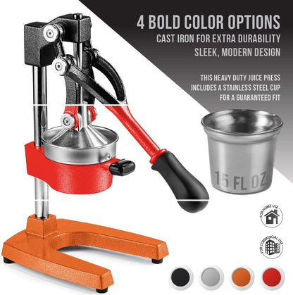 Eurolux Ultra-Premium Cast Iron Juicer | Extra-Large, Heavy Duty, Commercial Grade, Stainless Steel Manual Hand Press Citrus Squeezer For Fresh Orange Juice, Pomegranate, Lemon, and Much More (Gray)