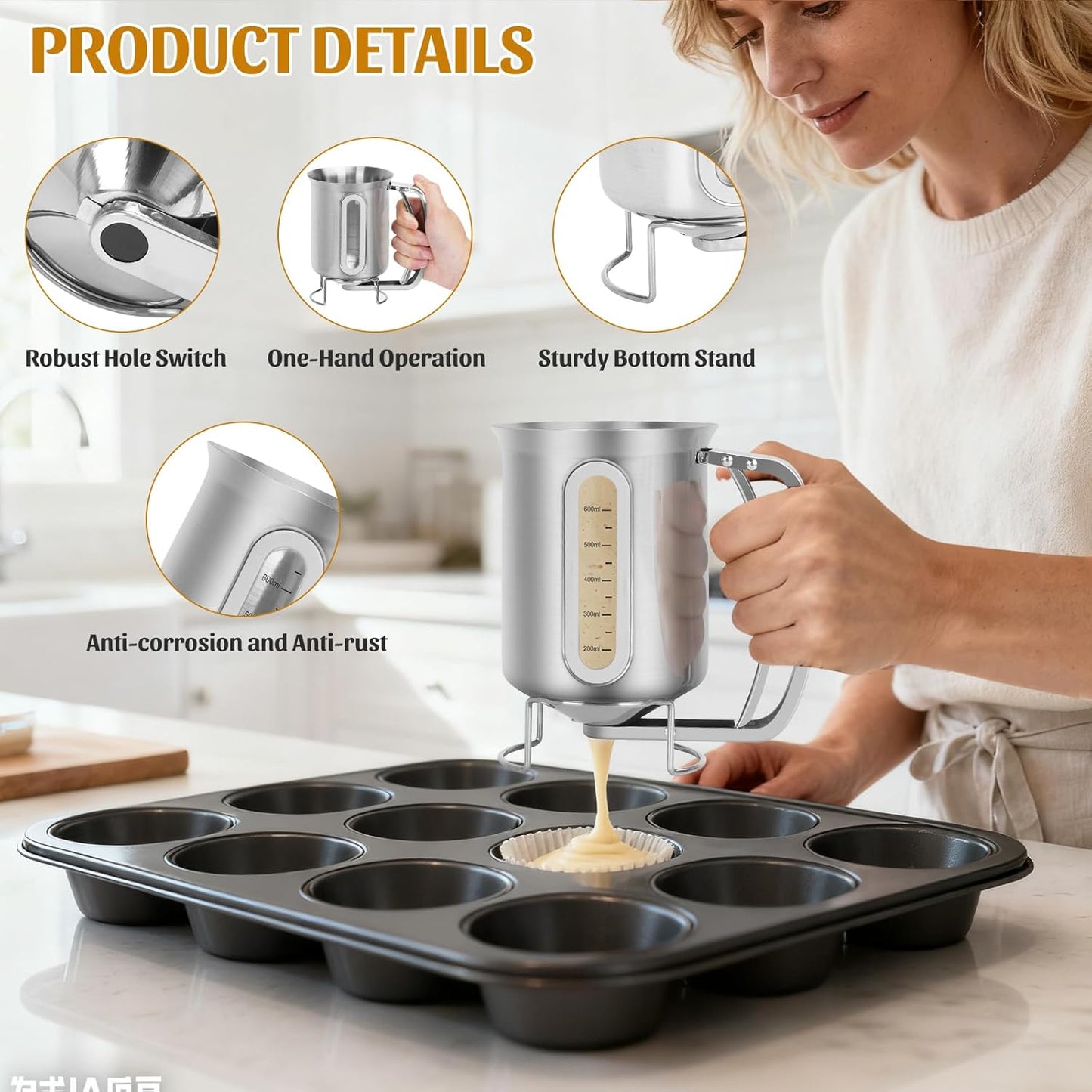 30 OZ Pancake Batter Dispenser with Viewing Window Stainless Steel Batter Dispenser for Baking Cupcakes,Muffins,Cooking,Crepes,Waffles (Stainless Steel)