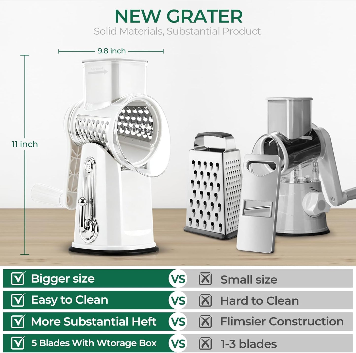 SUSTEAS Rotary Cheese Grater with Handle - Vegetable Shredder with 5 Well-designed Blades & Strong Suction Base,Round Mandoline Slicer & Food Chopper for Kitchen,with Blade Storage Box(Beige)
