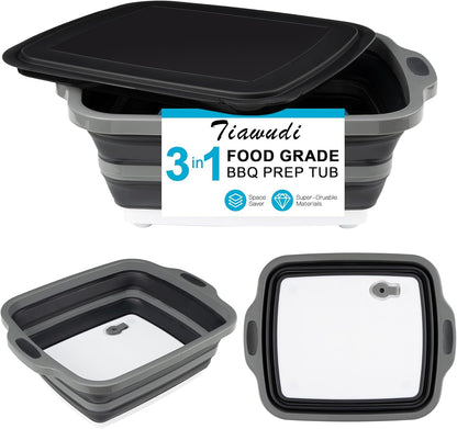 Tiawudi Large Collapsible BBQ Prep Tub with Lid(4.22 Gal/16L), Foldable Camping Sink with Colander, Cutting Board, Dish Basin for Kitchen, Bowl, Vegetable and Fruit, Storage Basket for Picnic