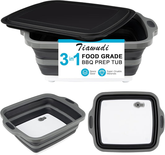 Tiawudi Large Collapsible BBQ Prep Tub with Lid(4.22 Gal/16L), Foldable Camping Sink with Colander, Cutting Board, Dish Basin for Kitchen, Bowl, Vegetable and Fruit, Storage Basket for Picnic
