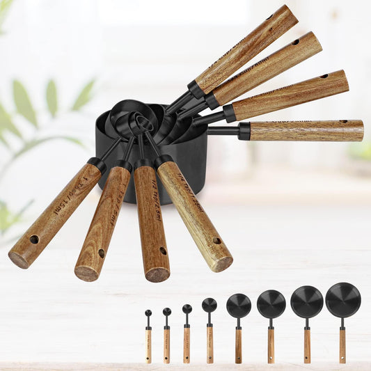8-Piece Black Measuring Cups and Spoons Set, Stainless Steel Kitchen Measuring Set with Acacia Wood Handles for Baking and Cooking