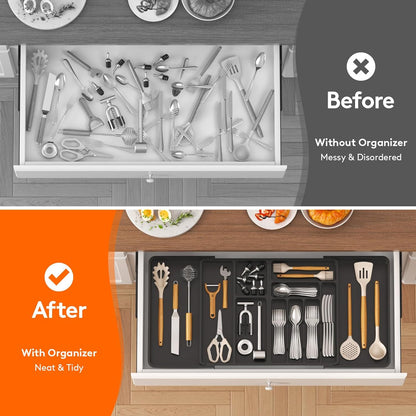 Lifewit Utensil Organizer for Kitchen Drawer, Expandable Cooking Silverware Tray, Adjustable Cutlery Flatware Holder, Plastic Spatula Tools Storage Divider, 14.4 x 15.8", Black