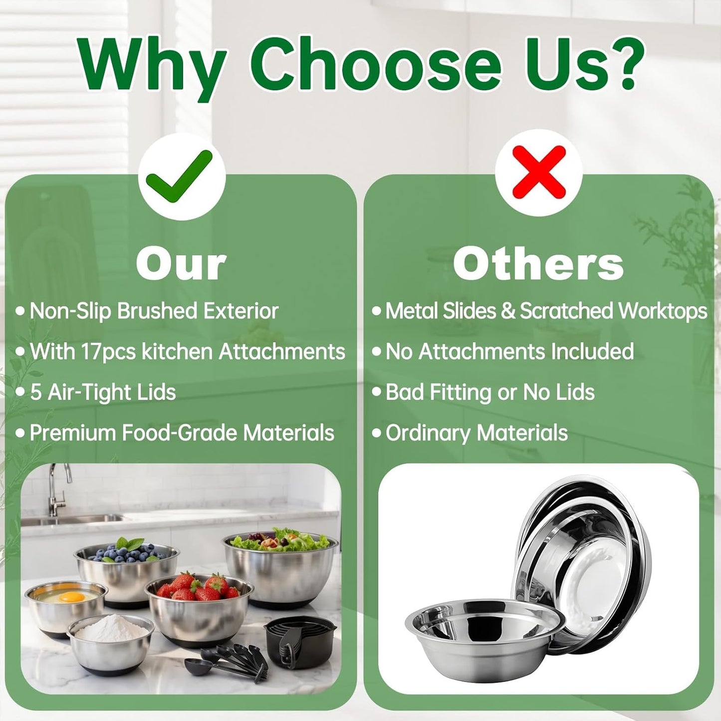 Deedro Premium Mixing Bowls with Airtight Lids Set, 22Pcs Thicker Stainless Steel Mixing Bowl Set, Large Prep Metal Bowls, Non-Slip Silicone Base Nesting Bowls for Kitchen, 1.5/2/3/4/5 QT, Khaki