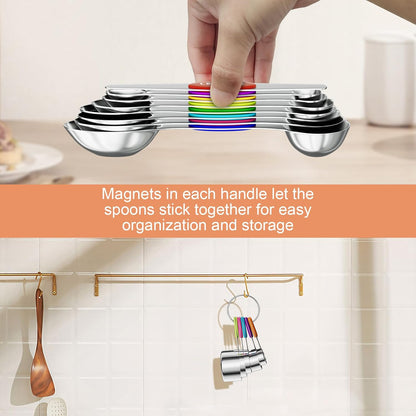 13-Piece Measuring Cups and Magnetic Spoons Set, 5 Stainless Steel Measuring Cups, 7 Double-Sided Magnetic Measuring Spoons & 1 Leveler for Cooking and Baking (5+7+1)