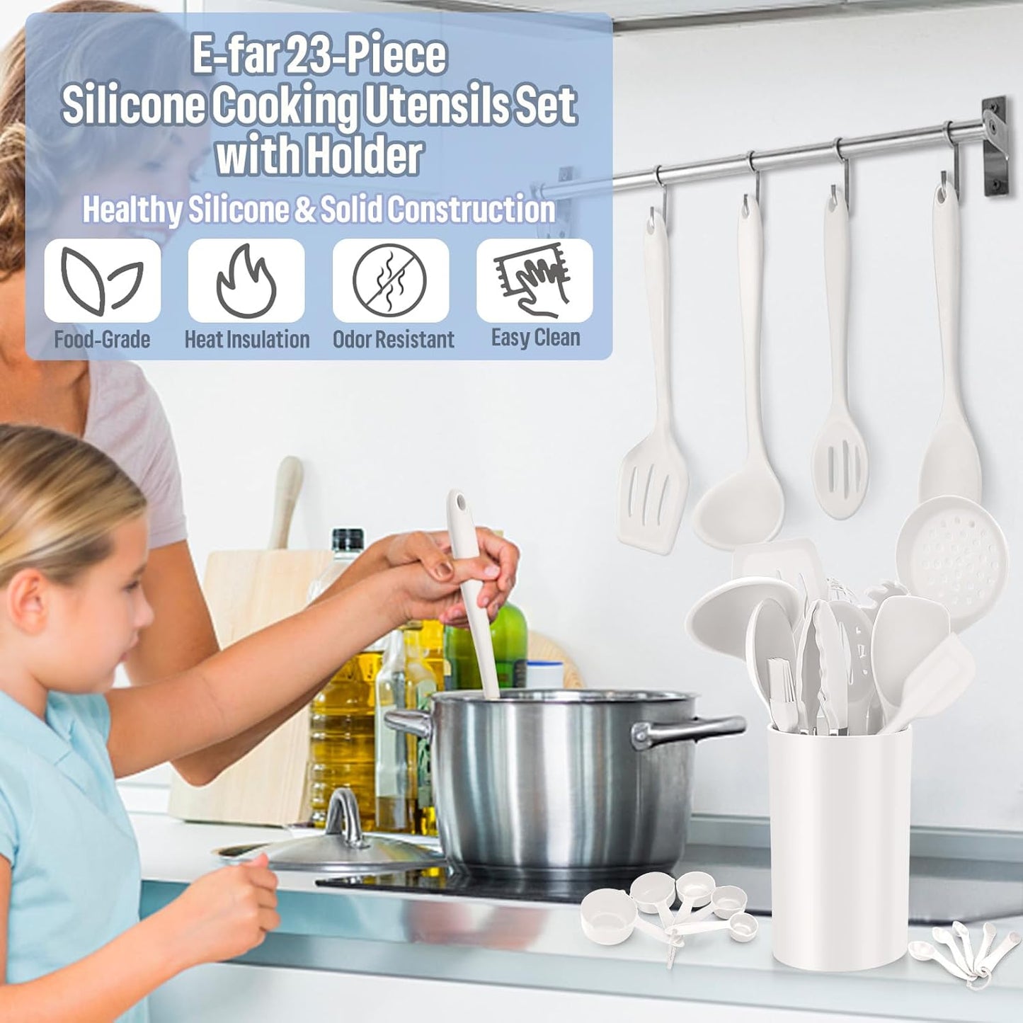 E-far Silicone Cooking Utensils Set, 7-Piece Black Heat Resistant Kitchen Utensils Set, Kitchen Nonstick Tools Spatula Ladle Spoon Pasta Server for Non-stick Cookware, Non-Toxic & Dishwasher safe