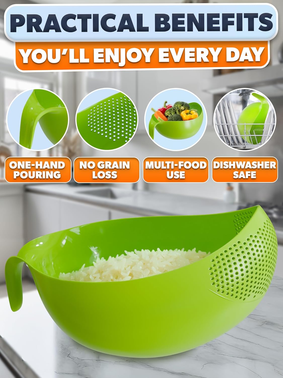 Rice Strainer with Handle - Lightweight Rice Washer Strainer Bowl with Smart Design for Easy Water Draining, Easy to Use & Clean ABS Plastic Colander with Handle for Cereals, Pasta, Vegetables, Fruits