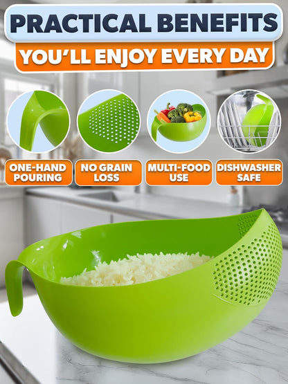Rice Strainer with Handle - Lightweight Rice Washer Strainer Bowl with Smart Design for Easy Water Draining, Easy to Use & Clean ABS Plastic Colander with Handle for Cereals, Pasta, Vegetables, Fruits