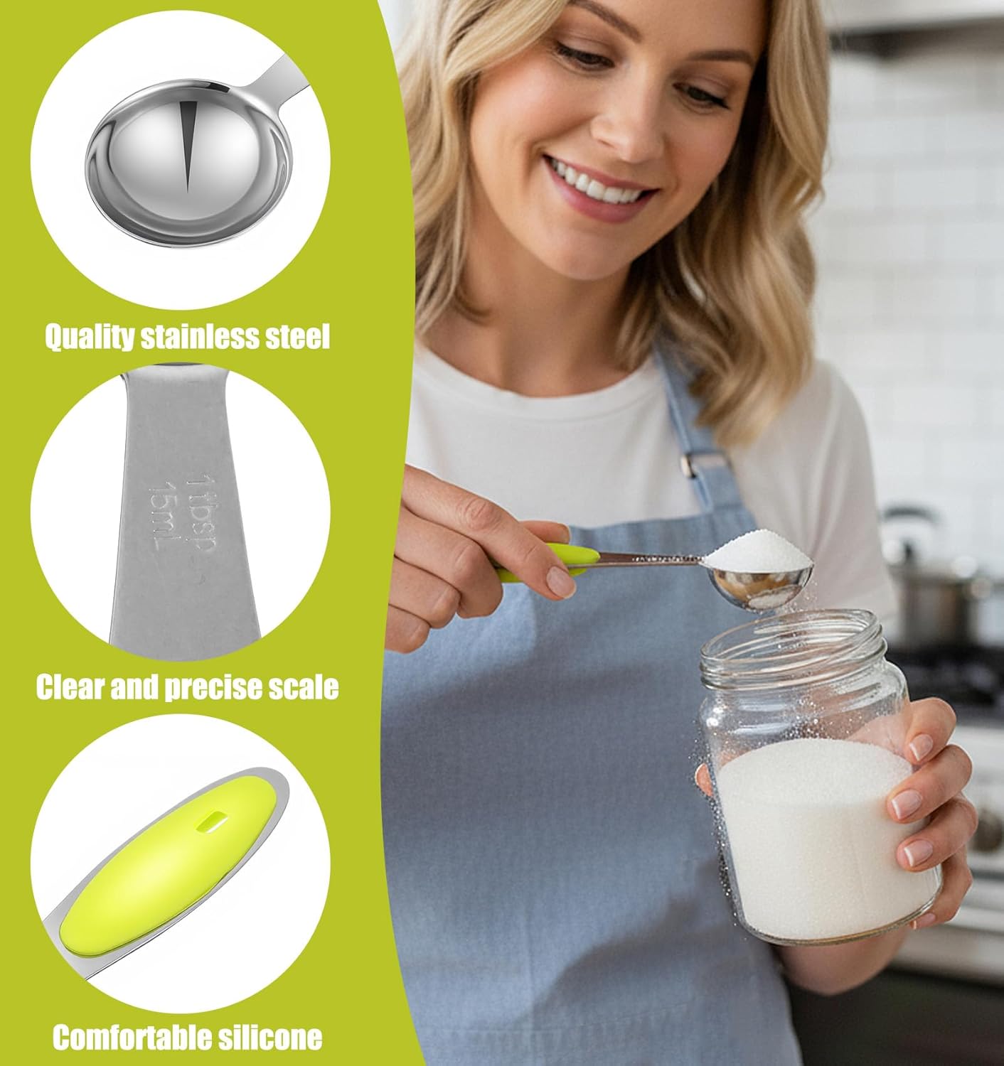 2Pcs Tablespoon Measuring Spoon 1 Tbsp (3 Tsp, 15ml, 1/2oz), Stainless Steel 1 Tablespoon Measuring Spoon with Green Silicone Grip, Perfect for Coffee Tea, Quick Efficient Cooking & Baking