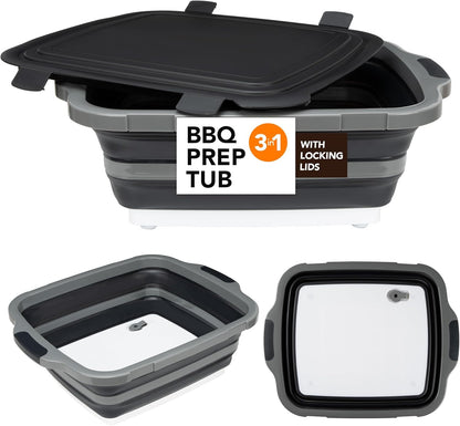Collapsible Cutting Board(2.11 Gal/8L), BBQ Prep Tub with Locking Lid, Foldable Camping Sink with Colander, Multifunction Dish Basin for Kitchen, Bowl, Vegetable and Fruit, Storage Basket for Picnic