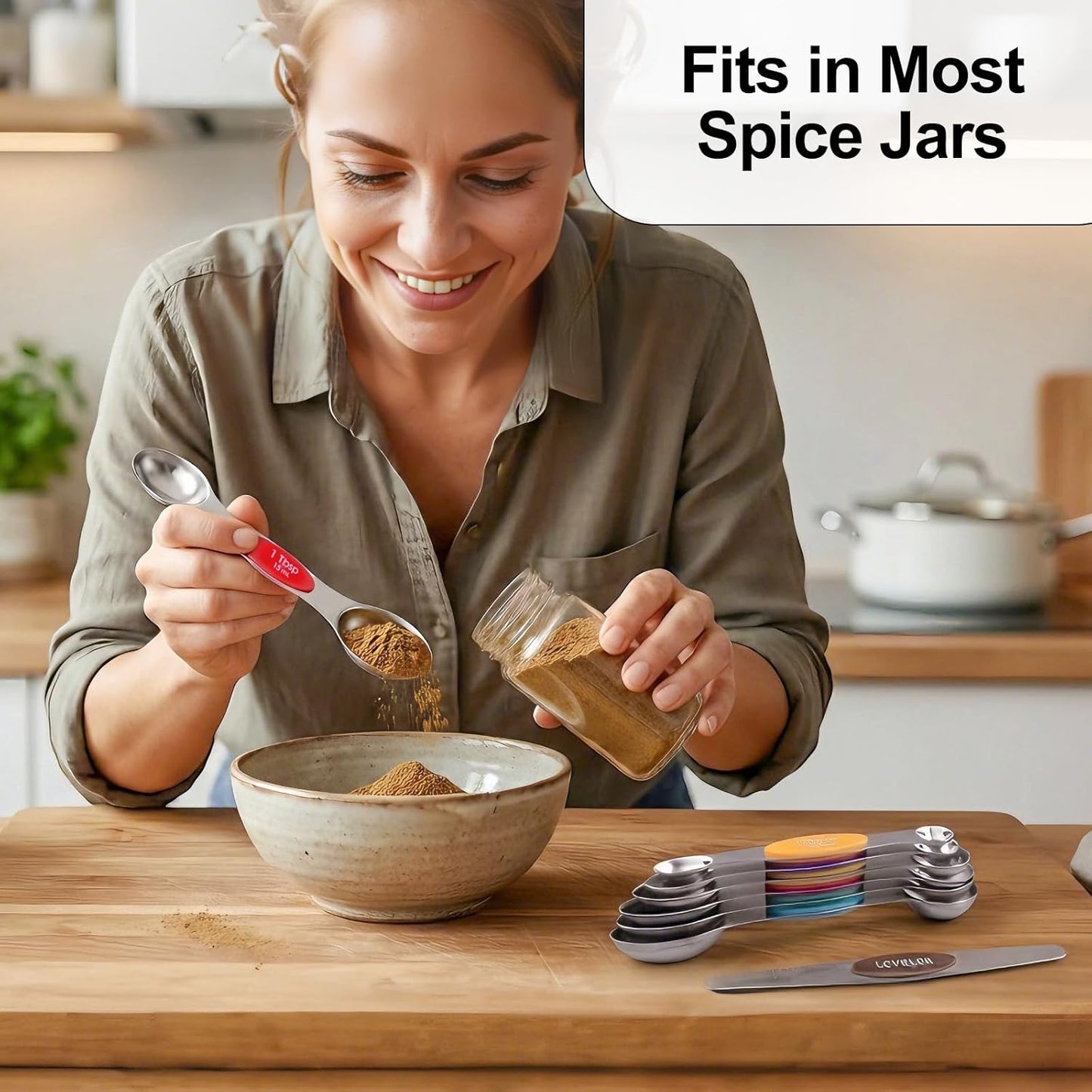 Magnetic Measuring Spoons Set of 8, Stainless Steel Double End Stackable Teaspoon for Cooking and Baking, Tablespoon with Leveler for Measuring Dry and Liquid Ingredients, Multicolor