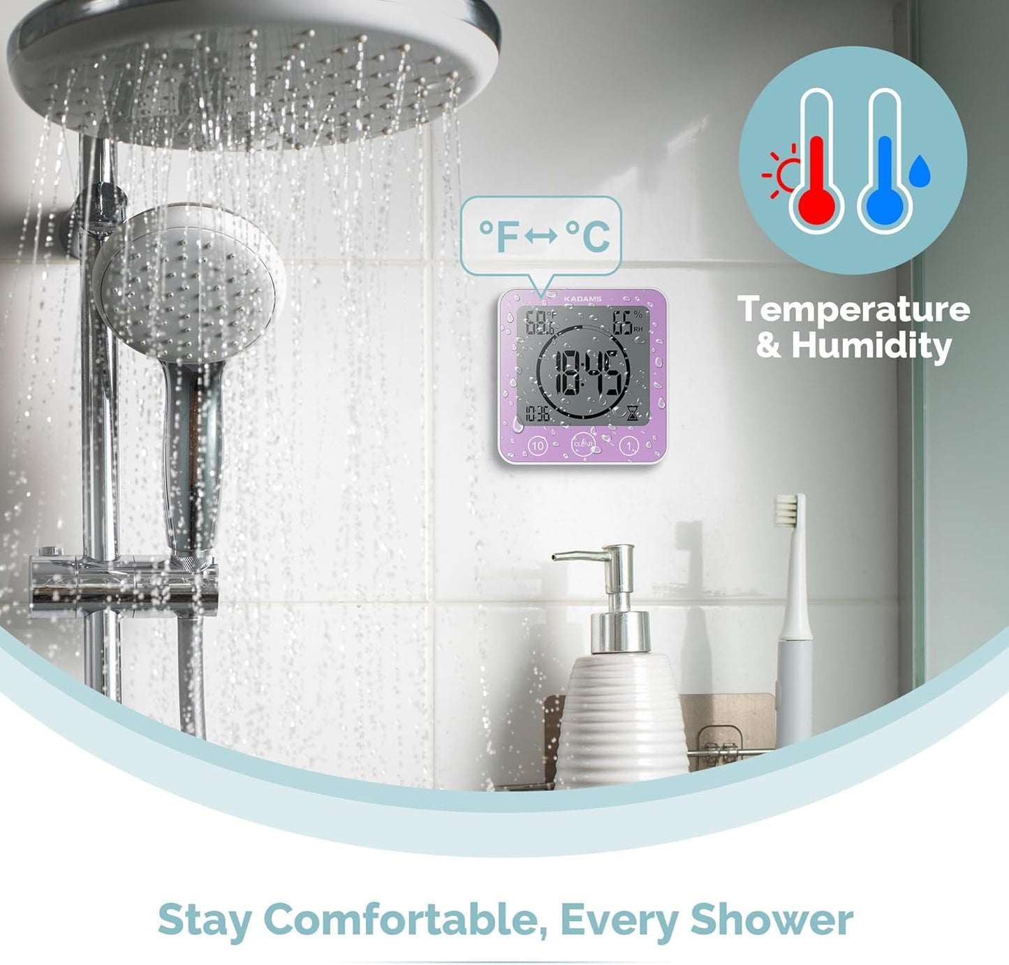 KADAMS Shower Clock Waterproof Bathroom Timer – Digital Wall Clock with Countdown, Magnetic Kitchen Clock with Temperature & Humidity, Suction Cup for Kids Shower Spa Cook Bath (Black)