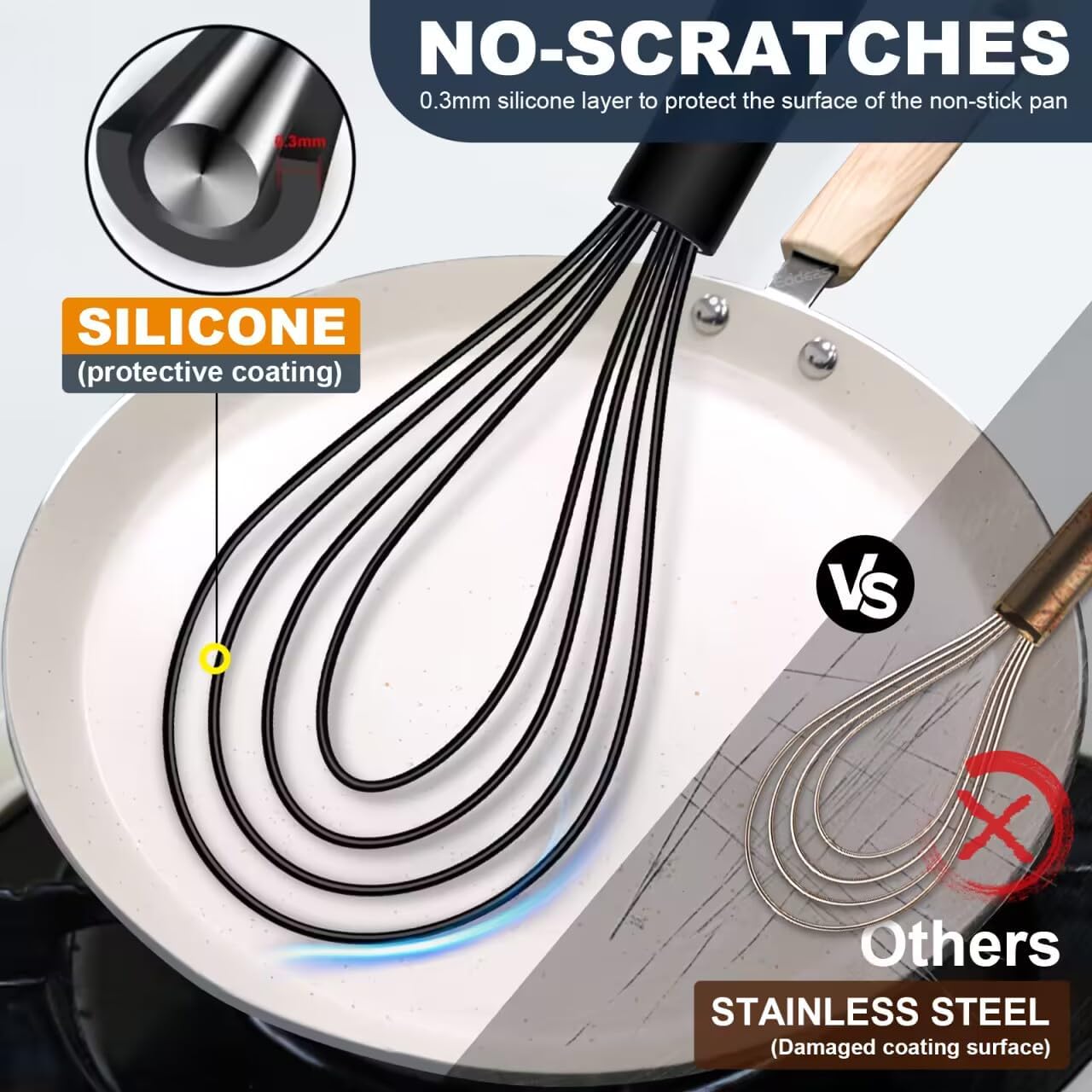 Whisks For Cooking - 500 °F Heat Resistant Silicone Whisk, Heavy Duty 7",9"&11inch Non-Scratch Balloon Kitchen Wisk tool Set, for cooking Wisking, Blending, Beating, Stirring, 3 Piece Black